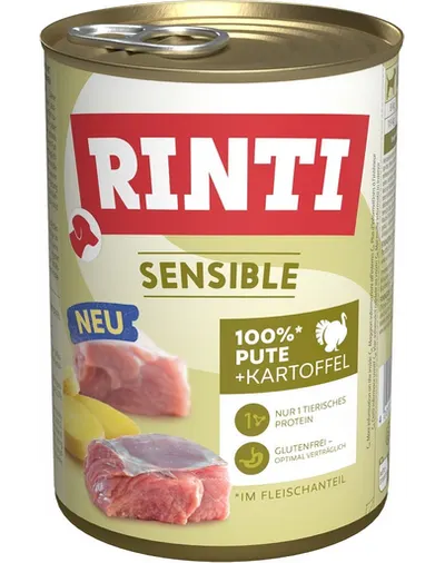 Hrană umedă câini alergici curcan și cartofi RINTI Sensible 400 g