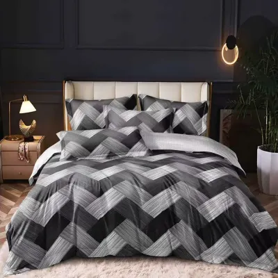 Lenjerie pat dublu cu Elastic - 3 Bucati 199 Lei - Gri, dungi, zig zag