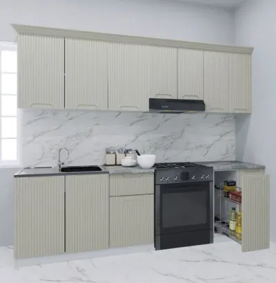 Set bucatarie SPACE 240 cm, 8 corpuri, corp Jolly, blat termorezistent, fronturi MDF, crem