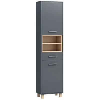 HOMCOM Coloană de Baie cu Sertar, Dulapuri și 2 Rafturi Deschise, Mobilier cu Spațiu de Depozitare, 40x24x160 cm, Gri | Aosom Romania