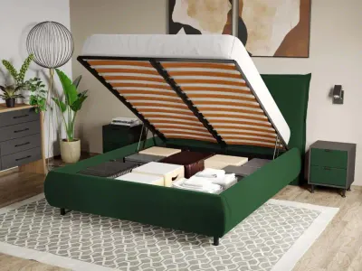 Pat Tapitat Axel cu somiera rabatabila si lada de depozitare Verde inchis Velluto 27 140x200