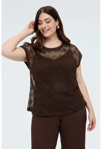 Tricou transparent cu decolteu la baza gatului - Maro inchis
