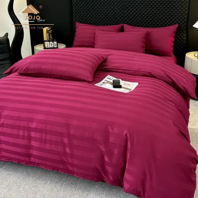 Lenjerie de Pat HoReCa DeLuxe, Damasc Premium din Bumbac Egiptean 100% , 6 Piese, Dunga Lata Tesuta, Cearceaf cu Elastic, Grena