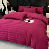 Lenjerie de Pat HoReCa DeLuxe, Damasc Premium din Bumbac Egiptean 100% , 6 Piese, Dunga Lata Tesuta, Cearceaf cu Elastic, Grena