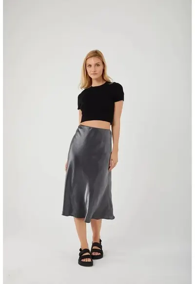 Fusta midi - talie elastica - negru - satin