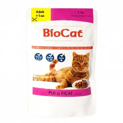 Hrana umeda pentru pisici Biocat cu pui ficat in sos 100 gr