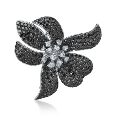 Brosa floare din aur alb cu diamante negre 8.27ct si diamante transparente de 0.89ct