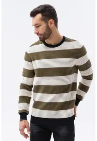 Pulover cu dungi si decolteu la baza gatului - Alb/Verde sparanghel