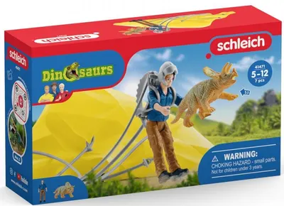 Set de jucării dinozauri Schleich - Parașutistul salvează Triceratopsul