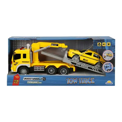 Camion de tractat cu lumini si sunete, Taxi, Maxx Wheels, 1:16, Galben