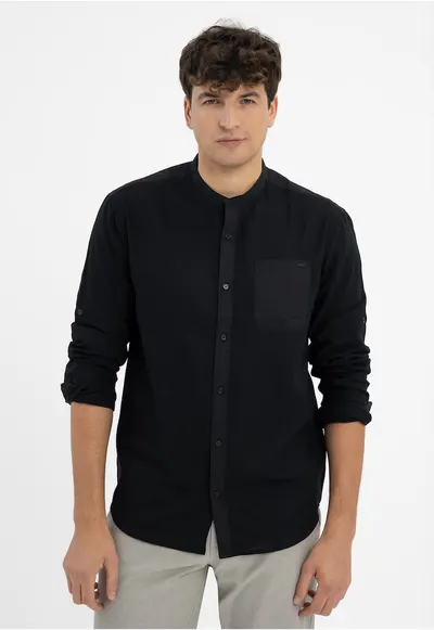 Camasa barbati din bumbac cu guler mao - maneci lungi - Regular Fit - buzunar pe piept - K-Basto - negru - Negru