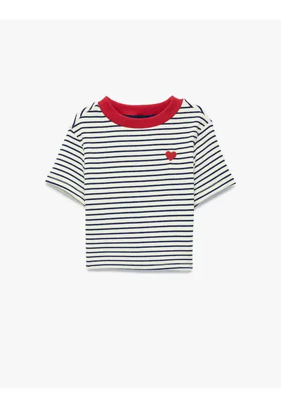 Tricou slim-fit cu inima brodata si dungi - Alb/Negru/Rosu vermillion