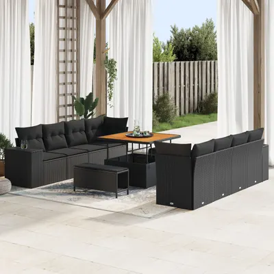 Gossi set de 11 piese canapea de gradina cu perne negru poliratan acacia, Gossi set de 3 piese pentru cina in gradina cu perne negru poliratan acacia