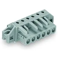 THT female header; 0.6 x 1.0 mm solder pin; angled; clamping collar; Pin spacing 5 mm; 6-pole; gray