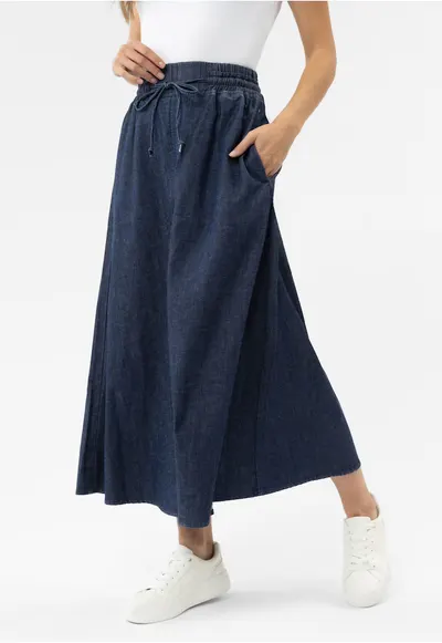 Fustă lungă denim - evazată - talie elastică - albastru marin - Bleumarin