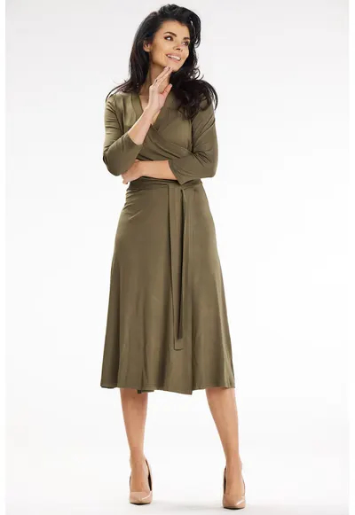 Rochie petrecuta midi cu partea de jos in clos si maneci 3/4 - - Kaki