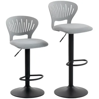 HOMCOM Set de 2 taburete de bar rotative 360°, reglabile 84-105 cm, spătar decupat, suport pentru picioare, gri | Aosom Romania