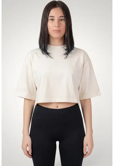 Tricou crop oversize de dama din bumbac premium - Alb murdar