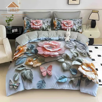 Lenjerie de Pat Bumbac Finet 5D 4 Piese cu Elastic 140x200 , Bloom Grace