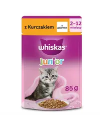 Hrană umedă pisoi în gelatină WHISKAS Junior 85 g plic cu pui