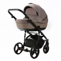 Carucior pentru copii, Adamex, 2 in 1, Lanti PS110, Pliabil, landou cu salteluta, copertina reglabila, roti frontale pivotante, cu dubla suspensie si husa de ploaie inclusa, Linen EcoLeather, Coffee Bean