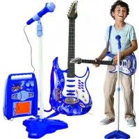 Chitara electrica cu amplificator, microfon cu trepied, sunete, lumini, MP3, alimentare baterii