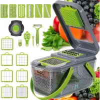 Razatoare Multifunctionala Legume si Fructe – 22 Piese, 12 Lame Interschimbabile, Inox + ABS, cu Strecuratoare si Separator de Oua