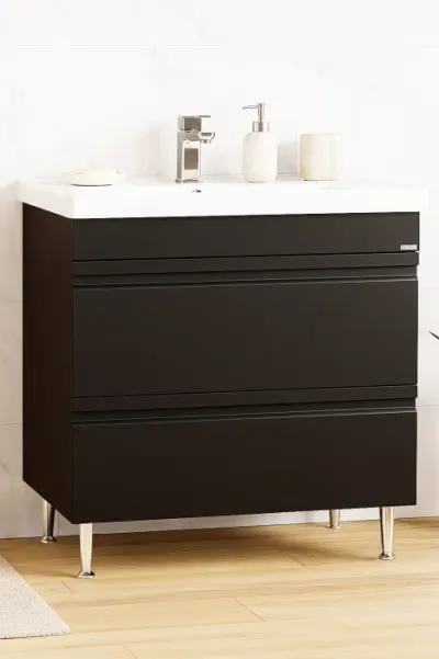 Set Baza front MDF si Lavoar seria 786, cu sertare, montat, 80 cm, negru