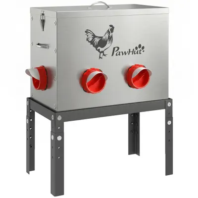 PawHut Automat hrănire găini 18 kg capacitate cu capac cu închidere picioare reglabile 6 deschideri 42,3x25x55,3 cm Argintiu | Aosom Romania