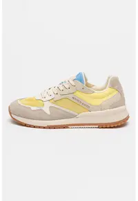 Pantofi sport colorblock de piele si piele intoarsa cu insertii de plasa - Albastru pastel/Gri deschis/Galben pal