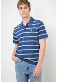 Tricou polo cu detaliu monograma si dungi - Alb/Albastru inchis