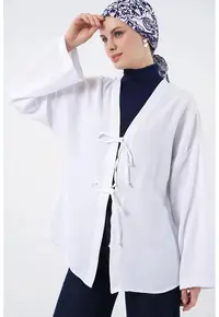 Bluza lung cu maneci - detalii cu legare - alb -