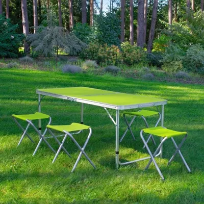 Set mobilier de camping pliabil, Jumi, verde, masă cu picioare reglabile și 4 tabureți