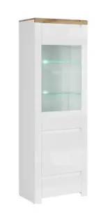 Vitrina VIGO, 2 usi, 1 sertar, geam, alb + stejar wotan, 68x41,5x202 cm