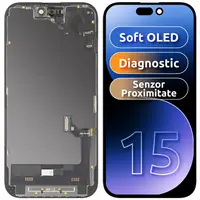 Display cu Touchscreen si Senzor Proximitate MP compatibil cu Apple iPhone 15, cu Rama, Versiune Soft OLED FHD Diagnostic, Negru