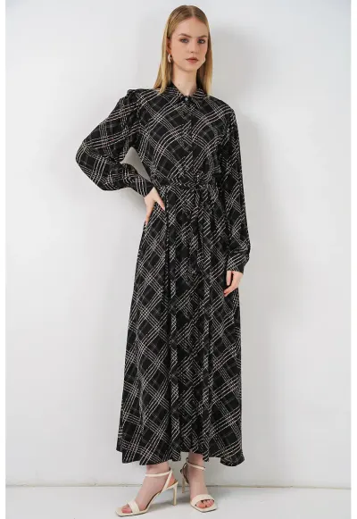 Rochie camasa Midi - carouri - negru - 100% viscoza