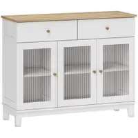 HOMCOM Bufet Bucătărie cu 2 Dulapuri și 2 Sertare, Uși din Sticlă Securizată Canelată, Bufet Sufragerie cu Rafturi Ajustabile, pentru Living sau Sufragerie, 100x35x80.3 cm, Alb și Stejar | Aosom Romania