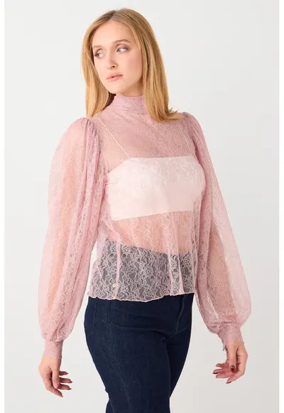 Bluza din dantela cu maneci bufante - Roz pastel
