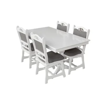 Set masa extensibila EUROPA dreptunghiulara cu 4 scaune FLANDER stofa gri, lemn masiv, alb, 160 240x90x70 cm