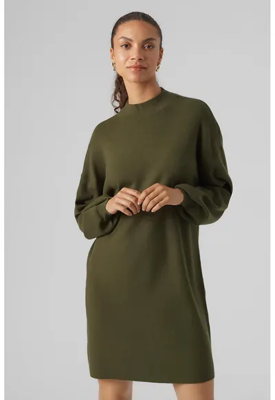 Rochie-pulover lejera cu guler inalt - Kaki