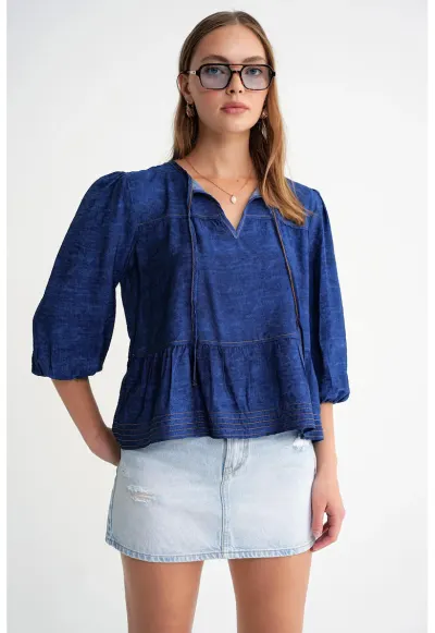 Bluza dama - denim - volane - maneci bufante - Bleumarin