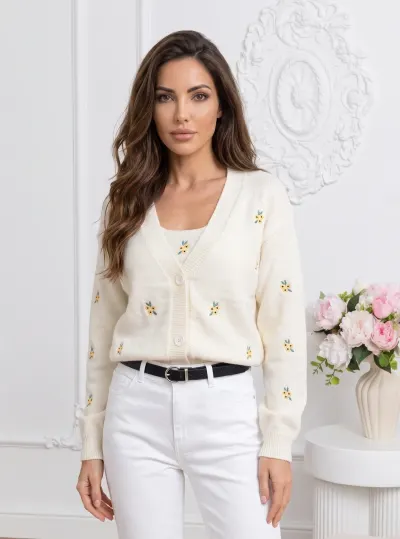 Cardigan floral din tricot fin c...