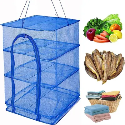 Plasă de uscare pliabilă cu agatatoare – Pentru Pește, Legume, Plante, Flori, Muguri portabila, 4 niveluri cu suport, 40 x 40 x 60 cm