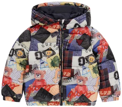 Geacă pufoasă pentru copii Guess - Model patchwork, multicolor, 2 ani