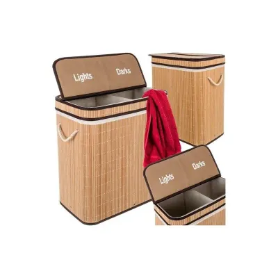 Cos de rufe din bambus, capacitate 100 litri, doua compartimente, 60 x 54 x 35 cm