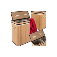 Cos de rufe din bambus, capacitate 100 litri, doua compartimente, 60 x 54 x 35 cm