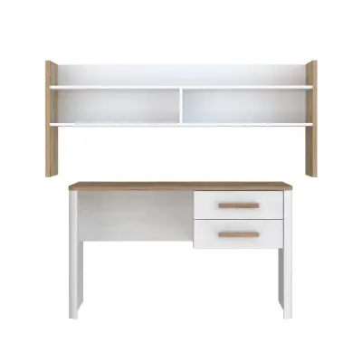 Set Birou RAMIRO, cu 2 sertare 125x60x74 cm + etajera birou RAMIRO, cu spatii depozitare, 140x26x60 cm, alb + stejar Artisan