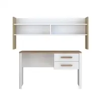 Set Birou RAMIRO, cu 2 sertare 125x60x74 cm + etajera birou RAMIRO, cu spatii depozitare, 140x26x60 cm, alb + stejar Artisan
