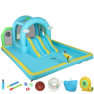 AIYAPLAY Castel Gonflabil Acvatic 7 în 1 cu Suflantă 2 Tobogane Trambulină Piscină Coș Coloană de Box 426x360x198 cm | Aosom Romania
