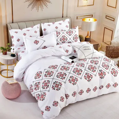 Lenjerie pat 1 PERSOANA, FINET, 4 piese, Jojo Home, Alb-Rosu, model traditional